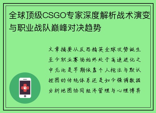 全球顶级CSGO专家深度解析战术演变与职业战队巅峰对决趋势